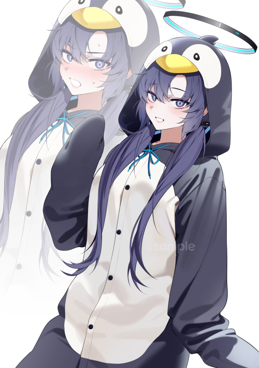 1girl alternate_costume alternate_hairstyle animal_costume bechu blue_archive blue_eyes blue_hair blush hair_between_eyes hair_ornament halo highres hood hood_up long_hair looking_at_viewer low_twintails penguin_costume sample_watermark sidelocks simple_background sweat swimsuit twintails very_long_hair white_background yuuka_(blue_archive) zoom_layer