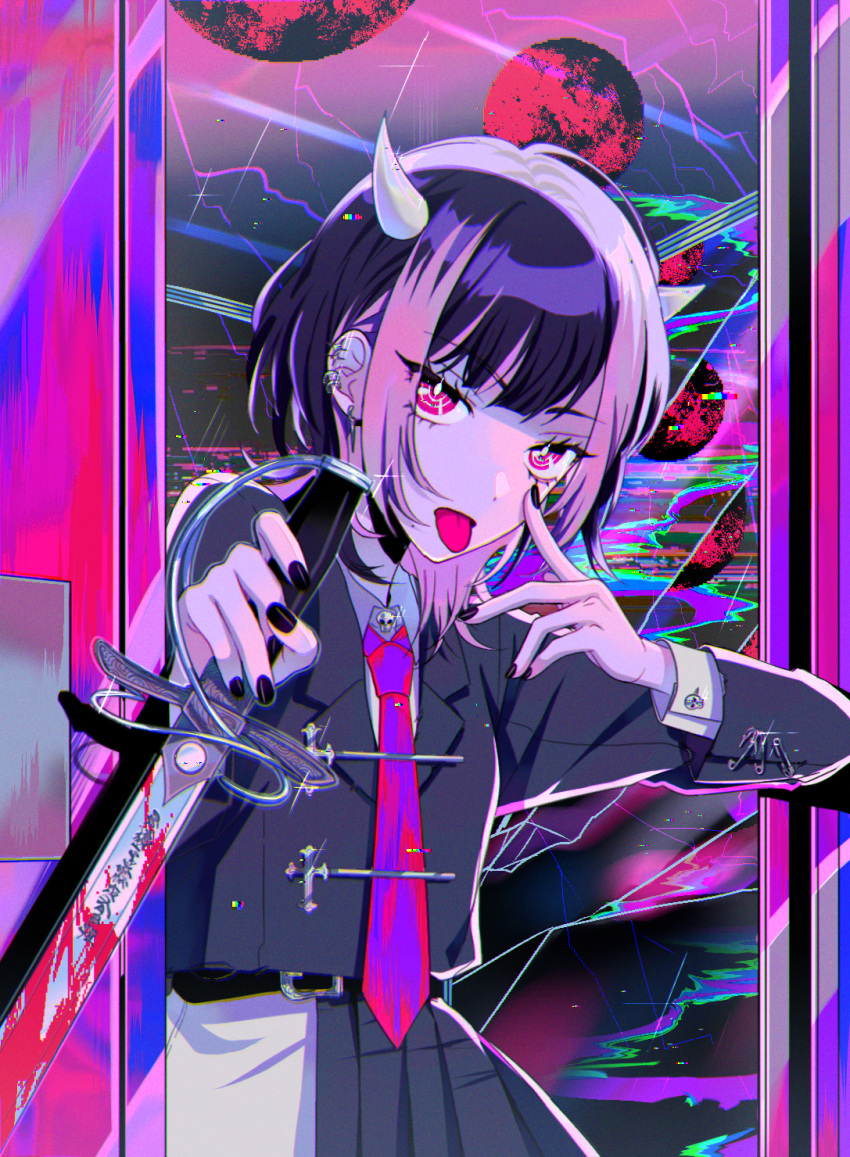 1girl akanbe black_nails blood blood_on_knife collared_shirt finger_to_eye glint highres holding holding_knife horns knife long_sleeves medium_hair myon_(tokipi) necktie nira-chan original purple_eyes red_necktie safety_pin shirt solo tongue tongue_out white_horns white_shirt zutto_mayonaka_de_ii_no_ni