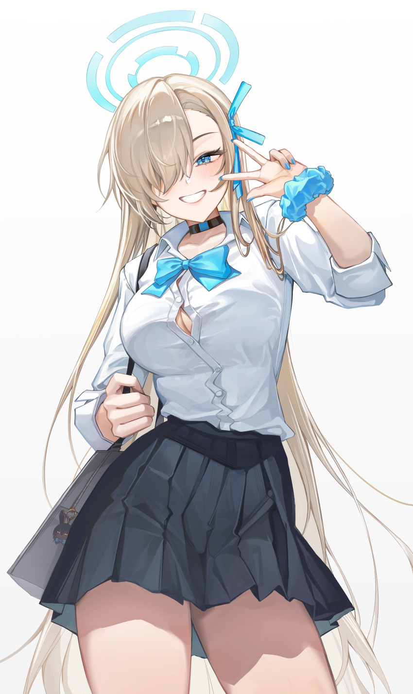 1girl absurdres asuna_(blue_archive) bag black_choker black_skirt blue_archive blue_bow blue_bowtie blue_eyes blue_nails blue_ribbon blue_scrunchie blush bow bowtie breasts button_gap charm_(object) choker cleavage collared_shirt eunyoo hair_over_one_eye hair_ribbon halo highres karin_(blue_archive) karin_(bunny)_(blue_archive) large_breasts light_brown_hair long_hair looking_at_viewer miniskirt pleated_skirt ribbon school_bag school_uniform scrunchie shirt shirt_tucked_in shoulder_bag simple_background skirt sleeves_rolled_up smile solo teeth very_long_hair w white_background white_shirt