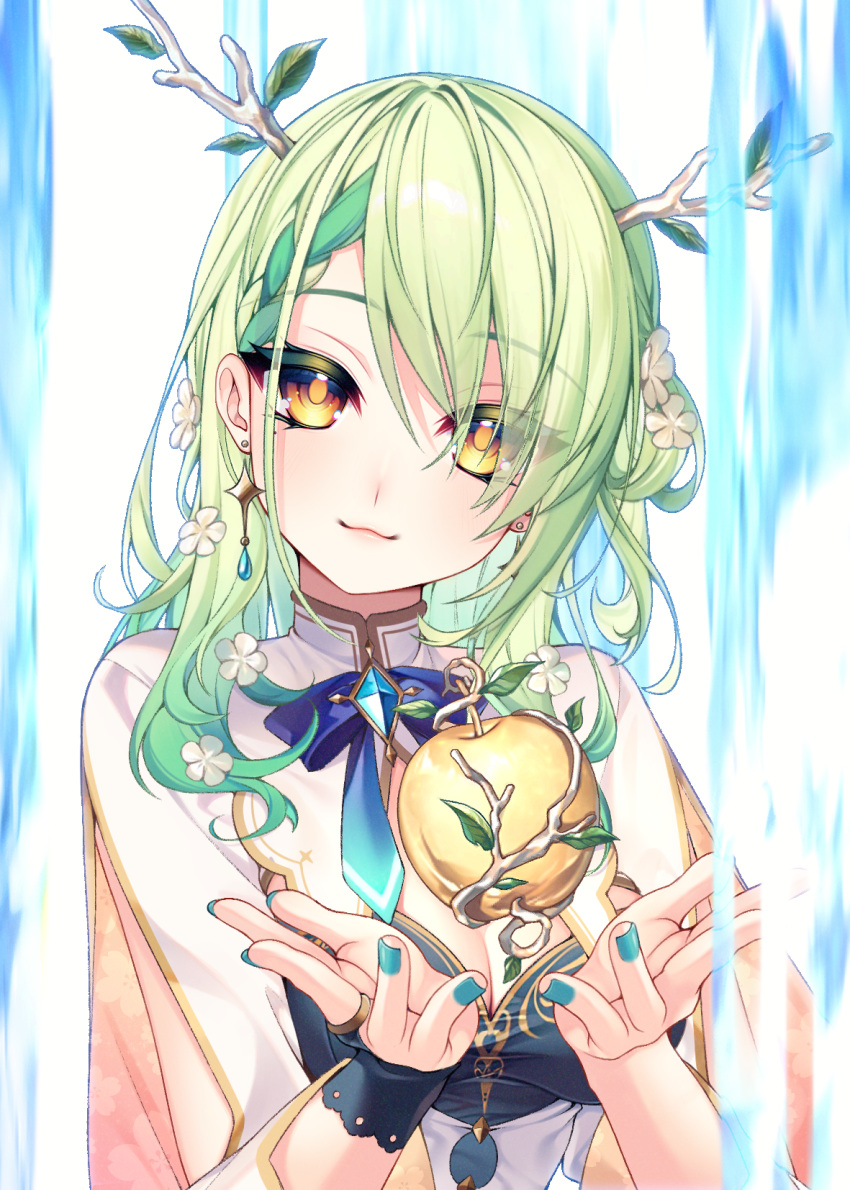 1girl :3 apple breasts brown_eyes ceres_fauna cleavage closed_mouth dangle_earrings earrings food fruit golden_apple green_hair green_nails highres hololive hololive_english jewelry large_breasts long_hair looking_at_viewer murmoruno smile solo upper_body virtual_youtuber