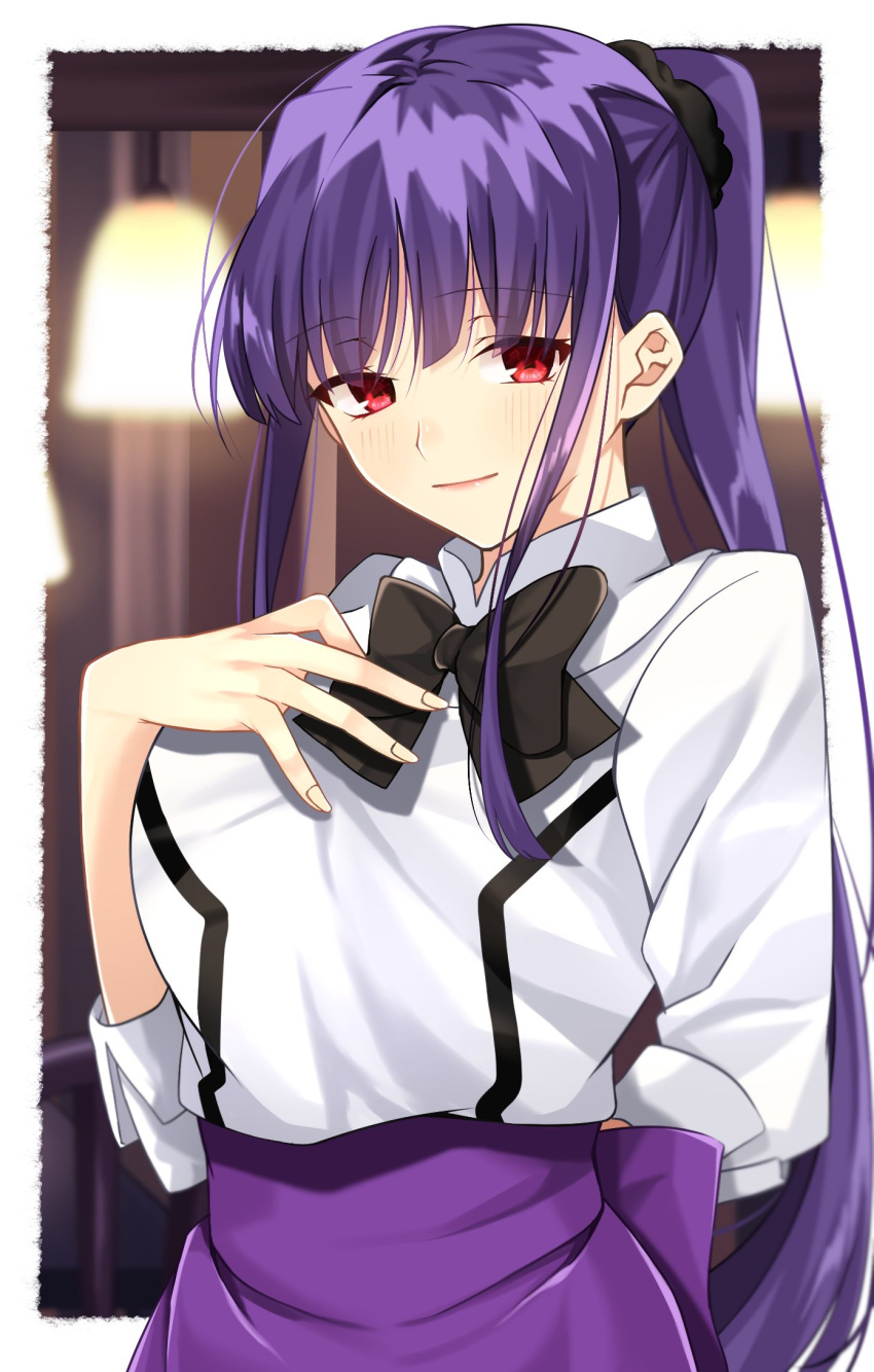 1girl arm_behind_back asagami_fujino asagami_fujino_(second_ascension) black_bow black_bowtie blush bow bowtie closed_mouth commentary_request exa_(koyuru) fate/grand_order fate_(series) fingernails hair_tie highres kara_no_kyoukai lips long_hair long_sleeves looking_at_viewer pink_lips ponytail purple_hair purple_skirt red_eyes shirt sidelocks skirt smile solo straight_hair very_long_hair white_shirt