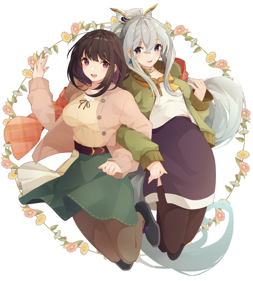 2girls black_footwear black_hair black_thighhighs blush breasts brown_pantyhose buttons cardigan choker commission earrings flower gradient_hair green_skirt grey_hair hair_between_eyes hair_ornament highres jewelry large_breasts locked_arms long_hair long_sleeves looking_at_viewer medium_breasts multicolored_hair multiple_girls open_cardigan open_clothes open_mouth original pantyhose purple_eyes purple_hair red_eyes shakemi_(sake_mgmgmg) shirt skeb_commission skirt thighhighs very_long_hair white_choker