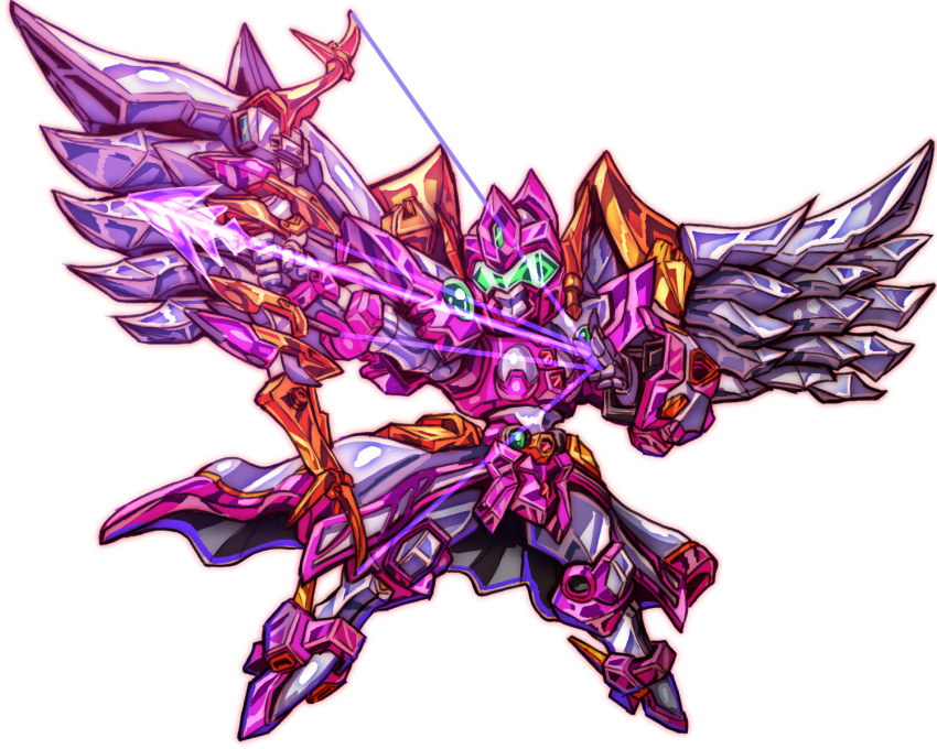 1girl angelg arrow_(projectile) assault_visor bow_(weapon) breasts chibi energy_arrow full_body highres holding holding_bow_(weapon) holding_weapon looking_up mecha mechanical_wings medium_breasts robot science_fiction super_robot_wars super_robot_wars_advance super_robot_wars_original_generation uungunover weapon white_background wings