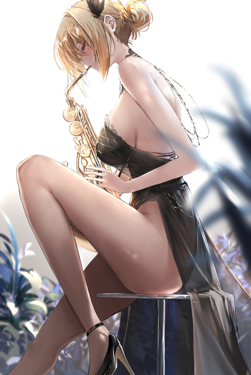 1girl absurdres azur_lane black_dress black_footwear blonde_hair blurry blurry_background breasts closed_mouth dress english_commentary feather_hair_ornament feathers hair_bun hair_ornament high_heels highres holding holding_instrument instrument leg_up liaowen prince_of_wales_(azur_lane) saxophone sitting solo