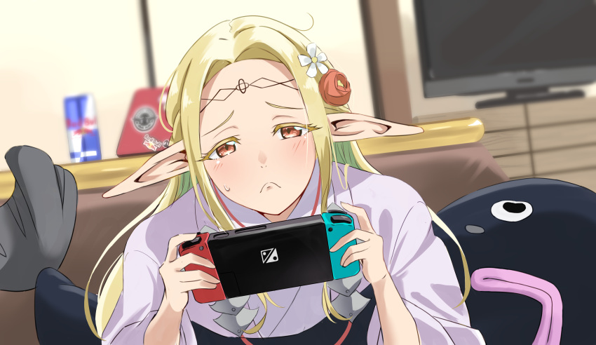 1girl :&lt; absurdres blonde_hair edomae_elf eldali_ilma_fanomenel elf highres indoors japanese_clothes kimono long_hair nintendo_switch orange_eyes playing_games pointy_ears red_bull solo tonton_utaro