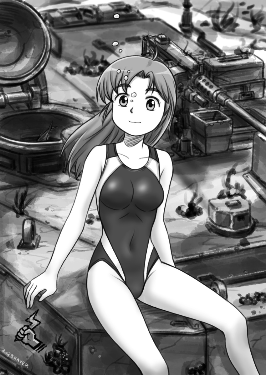 1girl 2023 absurdres ahoge air_bubble arm_support artist_name bubble collarbone competition_swimsuit covered_navel dated fish from_above gun hatsuseno_alpha highres long_hair looking_at_viewer machine_gun military_vehicle motor_vehicle official_style one-piece_swimsuit saver_(artbysaver) sitting smile swimsuit tank type_90_kyu-maru underwater weapon yokohama_kaidashi_kikou