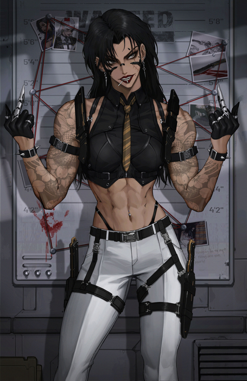 1girl abs absurdres arm_belt arm_tattoo belt black_gloves black_hair black_shirt black_wristband bloody_handprints chest_harness cigarette collared_shirt crop_top ear_piercing earrings gloves grey_eyes half_gloves harness height_chart highres jewelry knife lee_kimsan long_hair middle_finger muscular muscular_female navel_piercing necktie original pants piercing scar scar_on_face sheath sheathed shirt sleeveless sleeveless_shirt smoking solo spikes tan tattoo thigh_belt thigh_strap white_pants