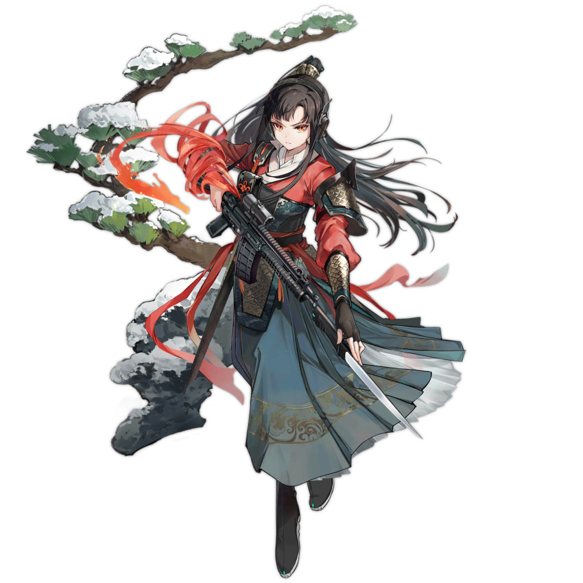 1girl bayonet black_footwear black_gloves black_hair blue_skirt boots branch closed_mouth fingerless_gloves full_body girls'_frontline gloves gun headset high_ponytail highres holding holding_gun holding_weapon imoko_(imonatsuki) japanese_clothes kimono long_skirt long_sleeves looking_at_viewer official_alternate_costume official_art orange_eyes pouch qbz-191 qbz-191_(girls'_frontline) qbz-191_(lone_pine_walker)_(girls'_frontline) red_kimono red_ribbon rerebrace ribbon rock scope serious simple_background skirt snow solo third-party_source transparent_background vambraces weapon