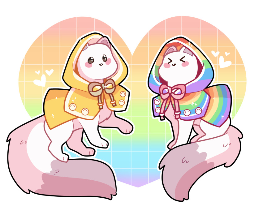 &lt;3 ambiguous_gender black_nose blush clothed clothed_feral clothing coat feral fluffy fluffy_tail fur hi_res hood mammal mouthless mustelid musteline nu:_carnival paws pinkcdraws rainbow raincoat sitting solo sparkles stoat tail topper_(nu:_carnival) topwear true_musteline weasel white_body white_fur