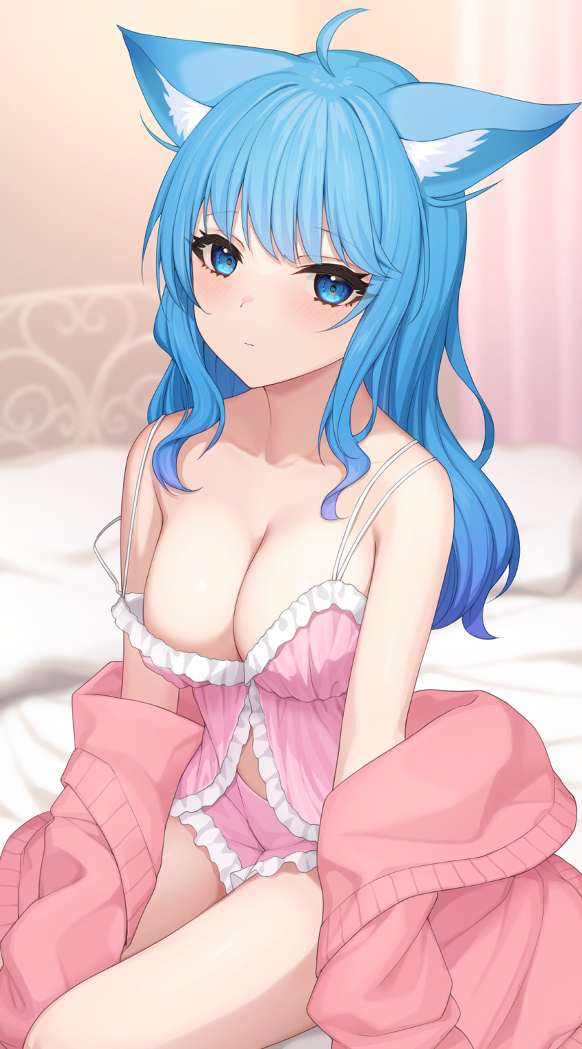 1girl ahoge animal_ear_fluff animal_ears babydoll blue_eyes blue_hair blurry blurry_background blush breasts cardigan cardigan_partially_removed closed_mouth commentary dog_ears dog_girl frilled_babydoll frilled_shorts frills highres indoors large_breasts long_hair looking_at_viewer nanashi_inc. nishino_eri off_shoulder on_bed open_cardigan open_clothes pillow pink_babydoll pink_cardigan pink_shorts shorts sitting sleepwear solo souya_ichika symbol-only_commentary virtual_youtuber