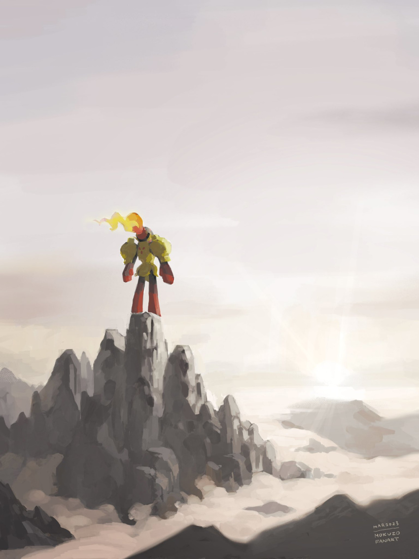 armarouge arms_at_sides cloud dated fire flame from_behind highres mokuzou_(moku_ssbu) outdoors pokemon pokemon_(creature) rock signature solo standing