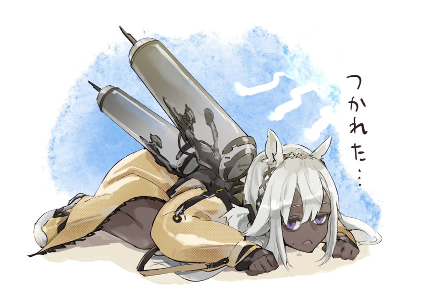 1girl arknights bags_under_eyes blue_background camel_ears camel_girl clenched_hand coat commentary dark-skinned_female dark_skin e-bushi full_body highres lying on_stomach open_mouth oversized_object purple_eyes short_hair simple_background solo syringe translated tuye_(arknights) white_background white_hair yellow_coat