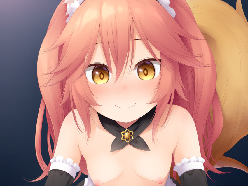 1girl animal_ear_fluff animal_ears black_sleeves blush breasts brown_eyes closed_mouth collarbone commentary_request detached_sleeves fate/extra fate_(series) fox_ears fox_girl fox_tail haryuu_(poetto) long_hair looking_at_viewer nipples nose_blush pink_hair small_breasts smile solo tail tamamo_(fate) tamamo_no_mae_(fate/extra) topless upper_body