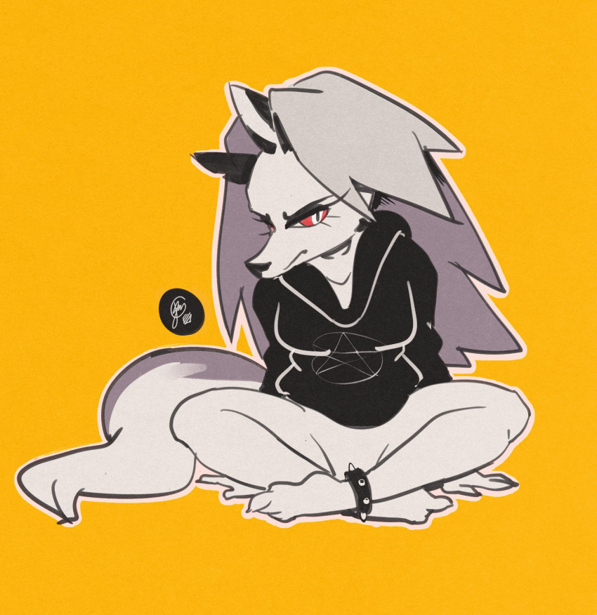 2023 anklet anthro bottomless bottomless_anthro bottomless_female canid canid_demon clothed clothing convenient_censorship crossed_legs demon edtropolis female frown fur hair half-closed_eyes hands_behind_back head_turned hellhound helluva_boss hi_res hoodie hoodie_only jewelry legband loona_(helluva_boss) mammal mouth_closed narrowed_eyes pentagram pentagram_clothing red_eyes signature sitting solo spiked_anklet spiked_legband spikes topwear topwear_only
