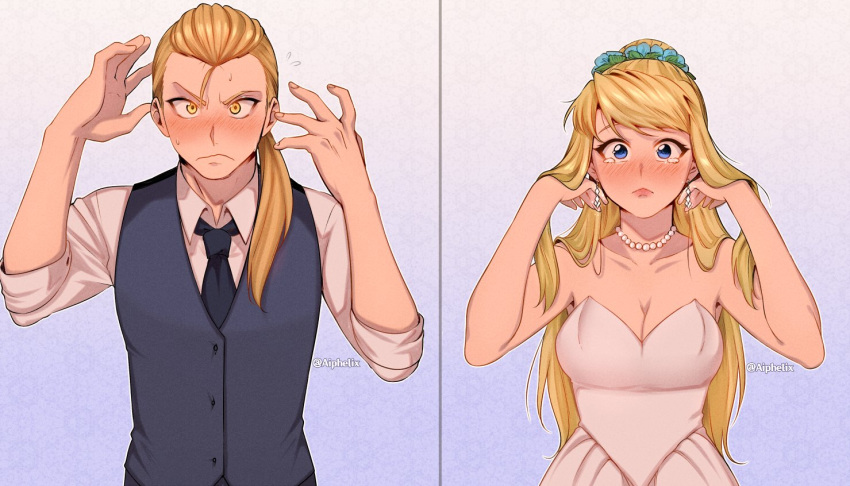 1boy 1girl aiphelix alternate_costume alternate_hairstyle black_necktie blonde_hair blue_eyes blush bridal_lingerie bride couple dress earrings edward_elric fullmetal_alchemist jewelry lingerie long_hair looking_at_viewer necktie ponytail shirt simple_background strapless strapless_dress underwear upper_body wedding_dress white_dress white_shirt winry_rockbell yellow_eyes