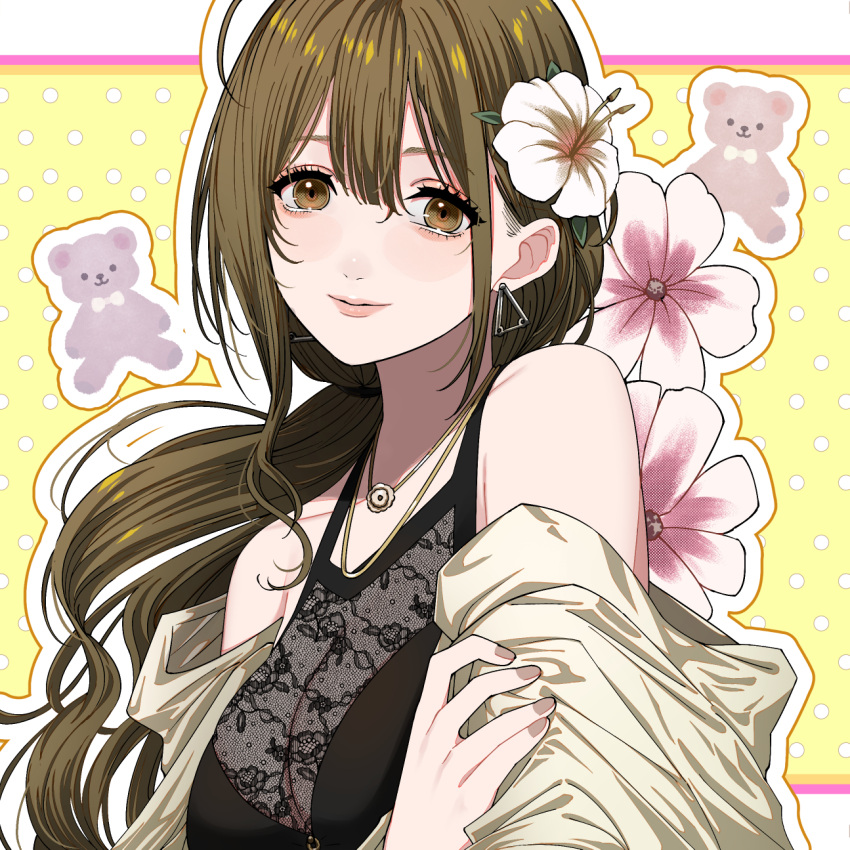 1girl ahoge bare_shoulders bikini black_bikini blush breasts brown_eyes brown_hair brown_nails cleavage closed_mouth collarbone earrings flower hair_flower hair_ornament hibiscus highres holding_own_arm idolmaster idolmaster_shiny_colors jewelry kuwayama_chiyuki lace_trim large_breasts long_hair looking_at_viewer maou_(demonlord) necklace off_shoulder polka_dot polka_dot_background see-through shirt smile solo stuffed_animal stuffed_toy swimsuit teddy_bear triangle_earrings undressing upper_body yellow_background yellow_shirt