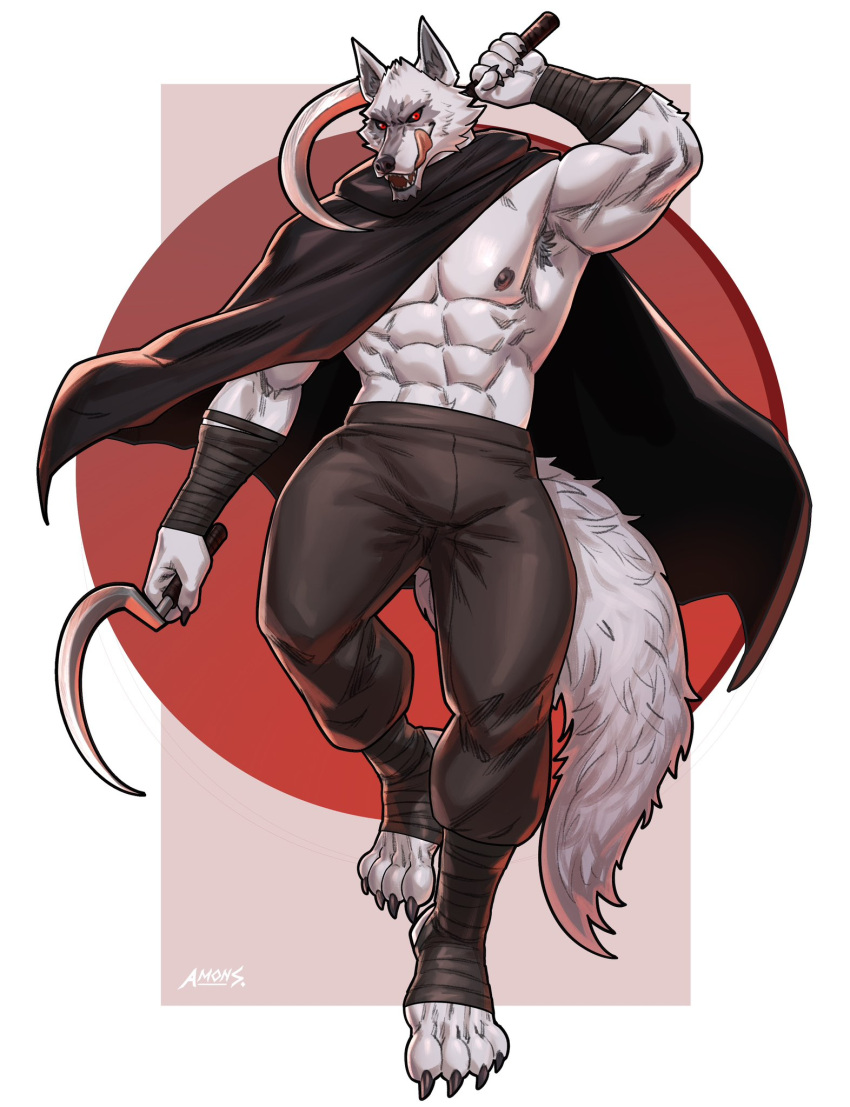 2023 4_toes 5_fingers abs alternate_version_at_source amon-sydonai ankle_wraps anthro areola arm_wraps armpit_hair black_bottomwear black_clothing black_pants black_sclera body_hair bottomwear canid canine canis cape clothing death_(puss_in_boots) dreamworks dual_holding feet fingers fur grey_body grey_fur hi_res holding_object holding_weapon male mammal melee_weapon muscular muscular_anthro muscular_male nipples pants puss_in_boots_(film) puss_in_boots_the_last_wish red_eyes solo tail toes weapon wolf wraps