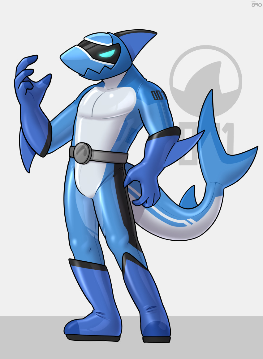 4_fingers absurd_res anthro arm_fins biped boots clothing countershade_tail countershade_torso countershading fin fingers fish footwear gloves glowing glowing_eyes hacony handwear hi_res latex living_costume male marine rubber shark shark_tail solo tail zentai