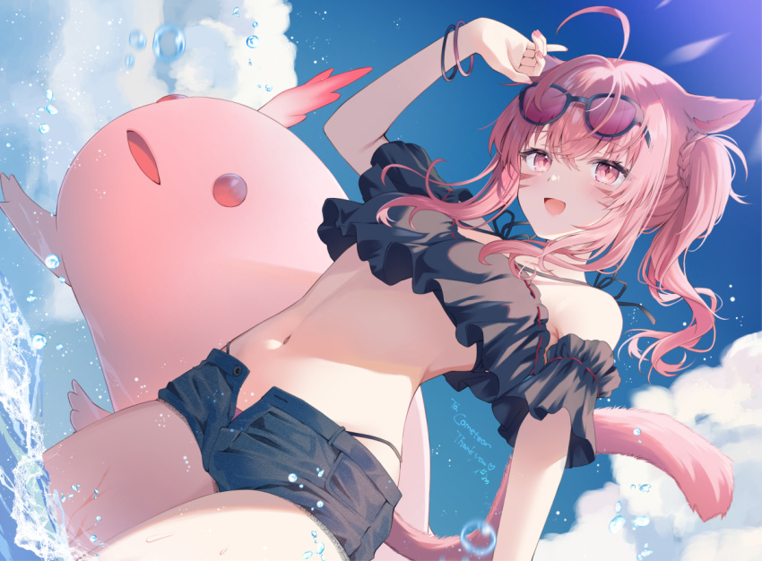 1girl ahoge animal_ears arm_up axolotl bare_shoulders bikini bikini_bottom_only bikini_under_clothes black-framed_eyewear black_shirt black_shorts braid cat_ears cat_tail crop_top crop_top_overhang day detached_sleeves dutch_angle eyewear_on_head facial_mark final_fantasy final_fantasy_xiv kanora micro_shorts midriff miqo'te navel open_fly open_mouth outdoors pink_eyes pink_hair shirt short_sleeves shorts smile solo spaghetti_strap standing stomach strap_gap string_bikini sunglasses swimsuit tail thighs tinted_eyewear twintails wading warrior_of_light_(ff14) water wet