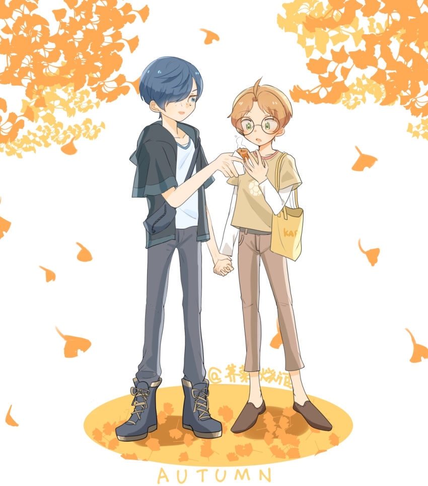 2boys autumn autumn_leaves bag black_hair black_jacket black_pants brown_footwear brown_pants day food freckles green_eyes hair_over_one_eye highres holding_hands jacket jinnai_enta kuji_toi light_brown_hair male_focus multiple_boys outdoors pants qi_yushi sarazanmai standing