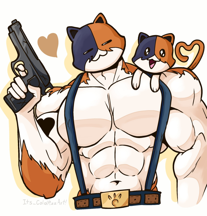 &lt;3 abs anthro belt big_pecs black_body black_fur bottomwear brown_body brown_fur calico_cat clothing domestic_cat duo epic_games father father_and_child felid feline felis feral fortnite fur gesture gun heart_tattoo hi_res holding_gun holding_object holding_weapon its_coldpizza kit_(fortnite) male mammal meowscles multicolored_body multicolored_fur muscular muscular_anthro muscular_male navel nippleless pants parent parent_and_child pecs ranged_weapon smile suspenders tail tail_gesture tail_heart tattoo weapon white_body white_fur