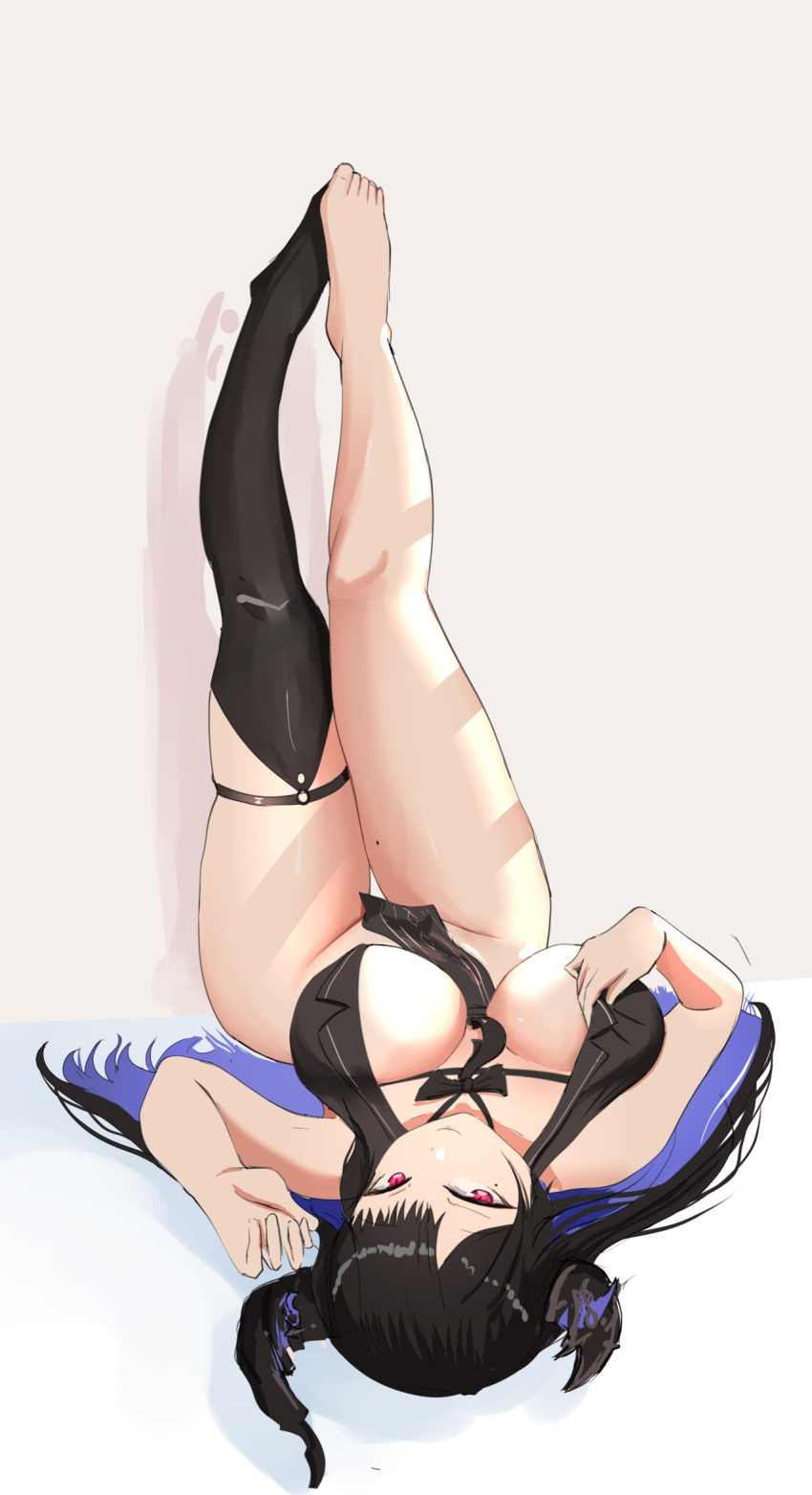 1girl angelchama asymmetrical_horns black_hair black_necktie blue_hair breasts demon_horns highres hololive hololive_english horns large_breasts legs_up lying mole mole_on_thigh mole_under_eye necktie nerissa_ravencroft on_back red_eyes single_thighhigh solo thighhighs thighs virtual_youtuber