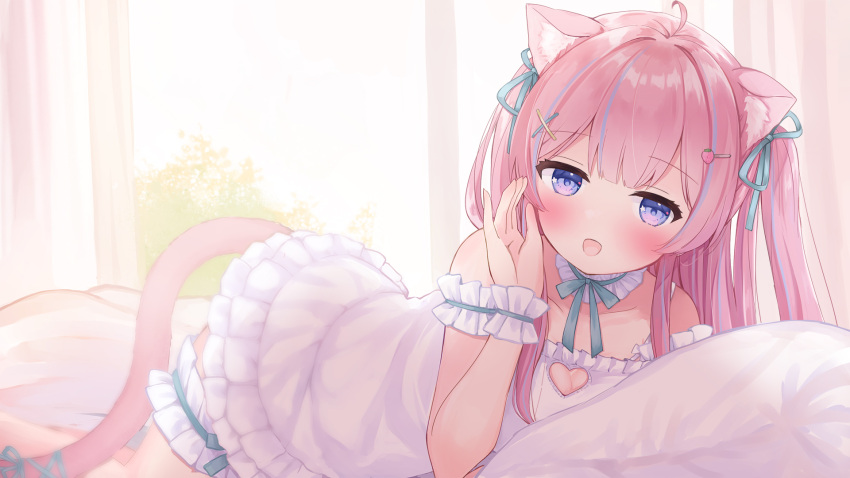 1girl animal_ear_fluff animal_ears blue_bow blue_hair blue_ribbon blush bow cat_ears cat_girl cleavage_cutout clothing_cutout collar commission dress frilled_dress frills hair_ornament hair_ribbon hairpin highres hololive looking_at_viewer minato_aqua nonaka_yuu on_bed open_mouth pink_hair purple_eyes ribbon skeb_commission tail tail_ornament white_dress window
