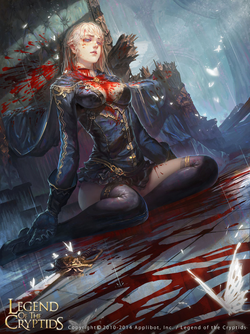 1girl black_gloves blonde_hair blood blood_on_breasts blood_on_face blood_on_weapon blue_cape blue_eyes breasts bug butterfly cape cleavage cleavage_cutout clothing_cutout commentary copyright copyright_name death dutch_angle frilled_skirt frills gloves highres legend_of_the_cryptids logo medium_breasts microskirt rain rui_li sitting skirt slit_throat solo sword thighhighs wariza weapon