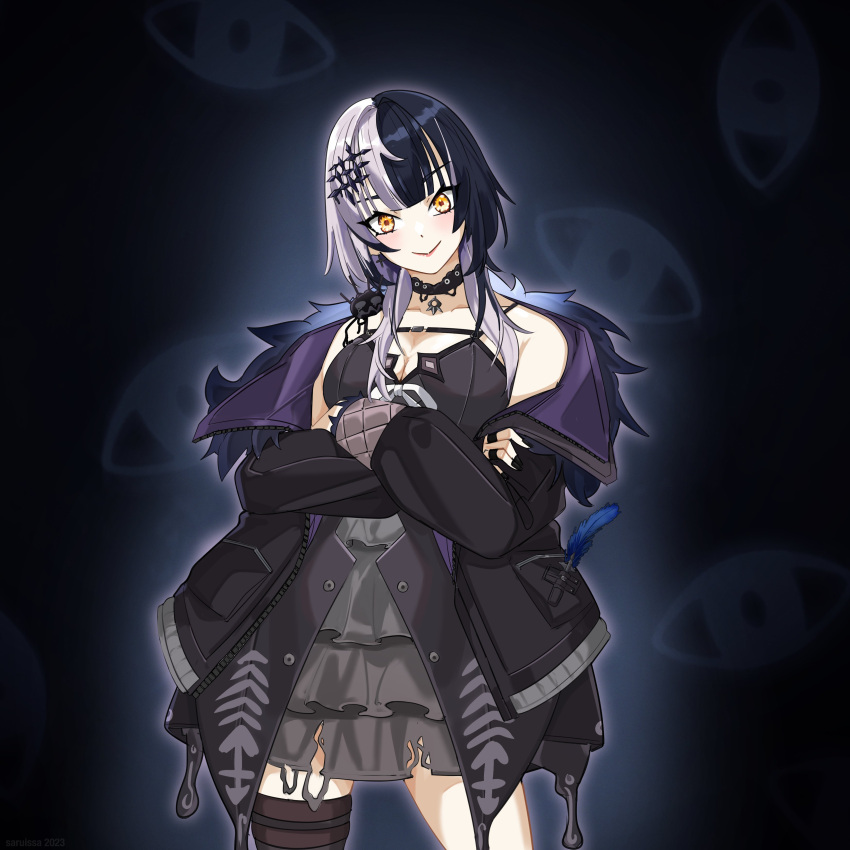 1girl absurdres black_background black_choker black_dress black_hair black_jacket black_nails black_thighhighs blush breasts choker cleavage crossed_arms dress fur-trimmed_jacket fur_trim highres hololive hololive_english jacket looking_at_viewer medium_breasts medium_hair multicolored_hair nail_polish saruissaart shiori_novella single_thighhigh smile solo split-color_hair thighhighs virtual_youtuber white_hair yellow_eyes