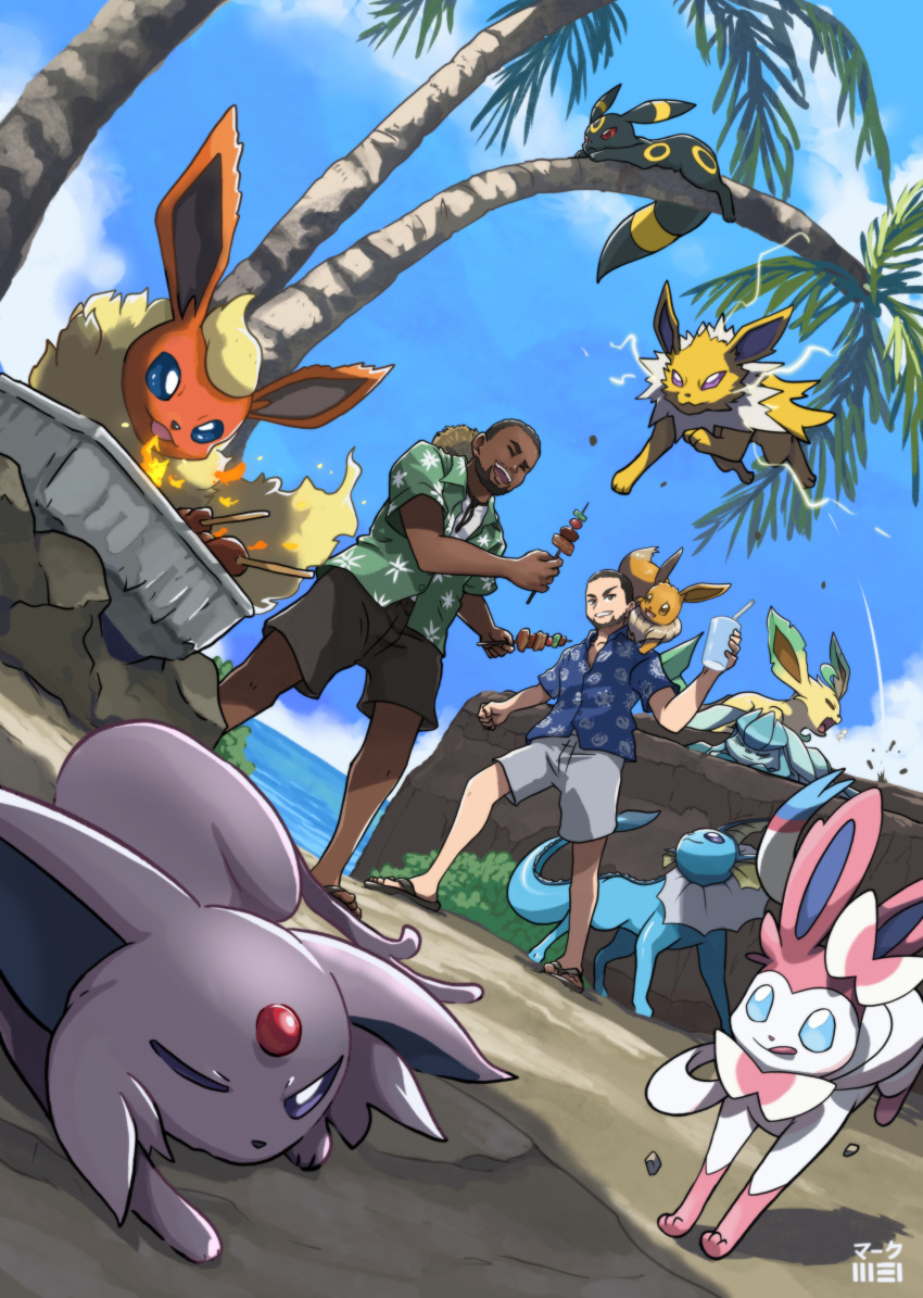 absurdres beach eevee espeon flareon glaceon hawaiian_shirt highres jolteon leafeon mark331 one_eye_closed outdoors palm_leaf palm_tree palms pokemon pokemon_(creature) shirt sky sylveon team tree umbreon vaporeon