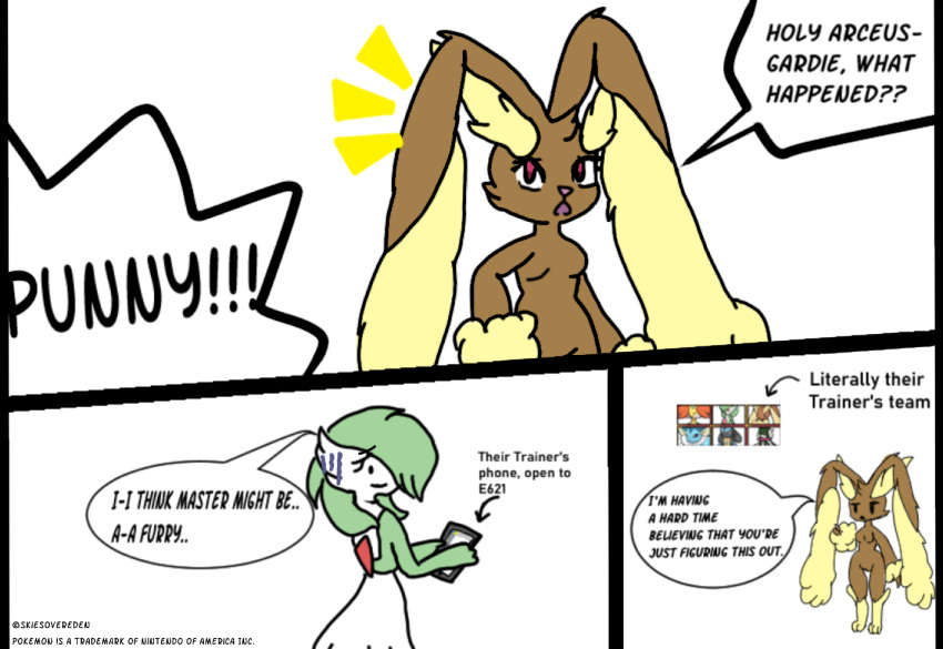 anthro cellphone comic comic_panel delphox duo eeveelution female gardevoir gardie_(skiesovereden) generation_1_pokemon generation_3_pokemon generation_4_pokemon generation_6_pokemon generation_9_pokemon green_hair group hair lagomorph leporid lopunny lucario mammal meowscarada nintendo phone pokemon pokemon_(species) punny_(skiesovereden) rabbit skiesovereden vaporeon worried