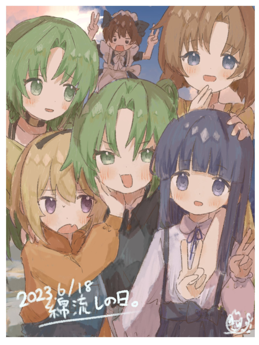 1boy 5girls apron black_shirt blonde_hair blue_hair brown_hair dated fang furude_rika green_eyes green_hair hairband hand_on_another's_cheek hand_on_another's_face highres higurashi_no_naku_koro_ni houjou_satoko light_blush maebara_keiichi maid maid_apron maid_headdress mugi062 multiple_girls open_mouth orange_shirt parted_bangs photobomb ryuuguu_rena shirt signature skin_fang sonozaki_mion sonozaki_shion taking_picture v white_shirt yellow_shirt