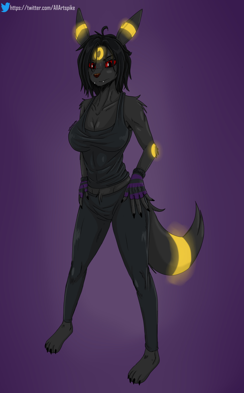 anthro black_blouse black_body black_fur black_hair clothing darksy_(spikethefurry) eeveelution female fur generation_2_pokemon ghotic gloves hair handwear hi_res nintendo pokemon pokemon_(species) red_sclera solo spike_the_furry umbreon yellow_body yellow_fur