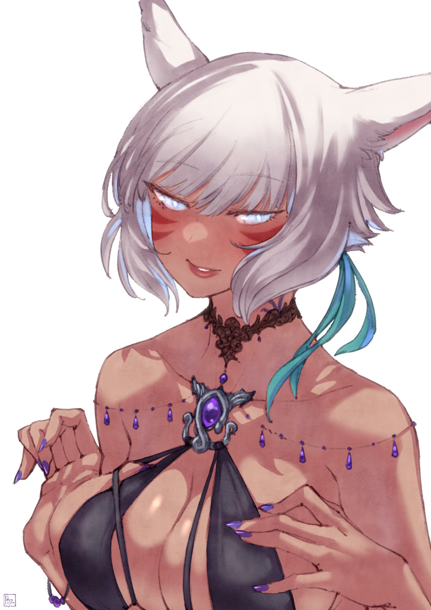 1girl absurdres alternate_breast_size animal_ears bare_shoulders blue_eyes blush bracelet breasts bright_pupils brooch cat_ears clothes_pull collar dark-skinned_female dark_skin english_commentary facial_mark final_fantasy final_fantasy_xiv fingernails grey_hair hair_ornament half-closed_eyes hands_up highres hjz_(artemi) jewelry large_breasts light_smile lips looking_at_viewer miqo'te nail_polish parted_lips pulled_by_self revision short_hair simple_background skindentation slit_pupils solo upper_body whisker_markings white_background white_pupils y'shtola_rhul