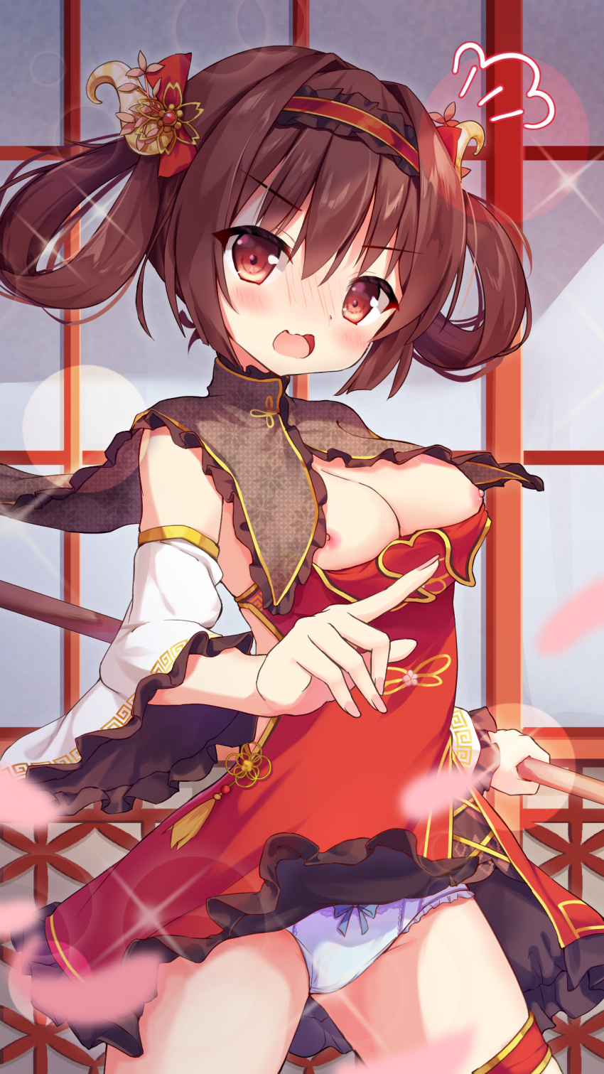 1girl absurdres angelic_link blush breasts brown_hair character_request china_dress chinese_clothes cleavage_cutout clothes_lift clothing_cutout detached_sleeves dress embarrassed hair_ornament hairband highres holding holding_weapon karuru634 large_breasts legwear_garter looking_at_viewer nipples open_mouth panties pelvic_curtain red_dress red_eyes solo underwear weapon white_panties