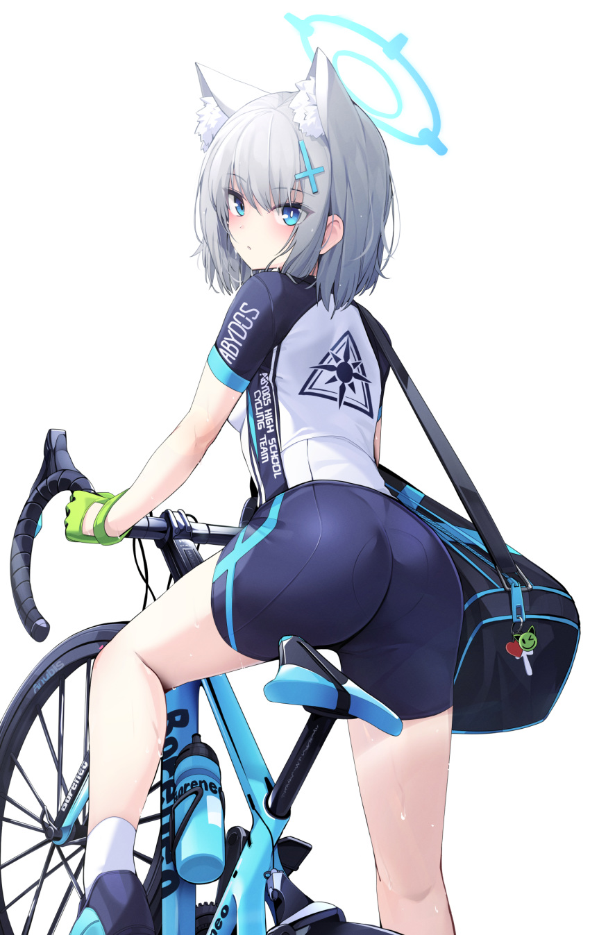 1girl animal_ear_fluff animal_ears ass ass_focus bag bag_charm bicycle bike_jersey bike_shorts blue_archive blue_eyes blue_shorts blush bottle cat_ears charm_(object) cross cross_hair_ornament ddangbi gloves green_gloves grey_hair ground_vehicle hair_ornament halo highres inverted_cross long_hair looking_at_viewer looking_back shiroko_(blue_archive) short_shorts short_sleeves shorts shoulder_bag simple_background skin_tight socks solo sweatdrop water_bottle white_background white_socks