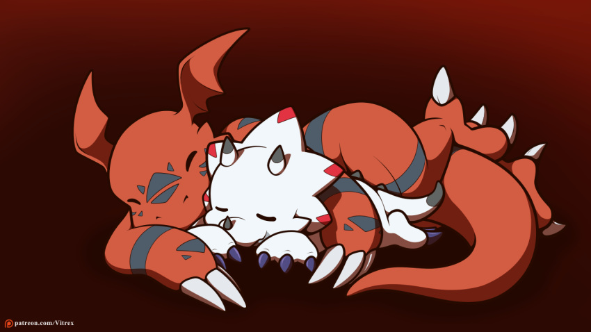 anthro bandai_namco claws cuddling digimon digimon_(species) digital_media_(artwork) duo embrace eyes_closed gammamon guilmon horn markings scalie simple_background sleeping smile tail vitrex white_body