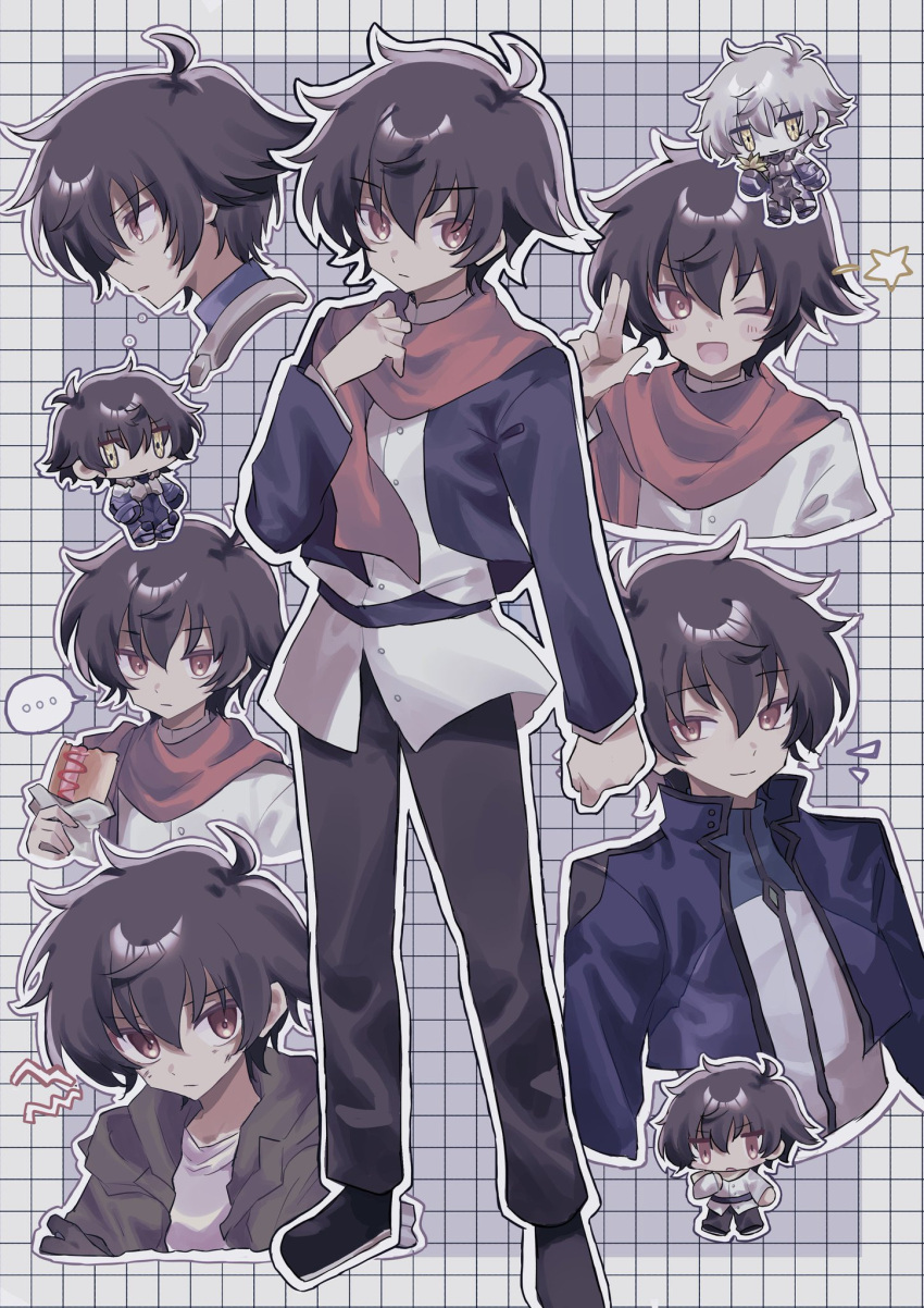 ... 1boy :d ;d black_hair black_pants blue_jacket brown_eyes celestial_being_uniform chibi dirty dirty_face expressionless food food_wrapper full_body green_jacket grid_background gundam gundam_00 hand_on_own_chest high_collar highres holding holding_food hot_dog jacket kononokono long_sleeves looking_at_viewer male_focus messy_hair multiple_views one_eye_closed pants salute scarf setsuna_f._seiei shirt short_hair smile spoken_ellipsis standing star_(symbol) two-finger_salute white_hair white_shirt yellow_eyes