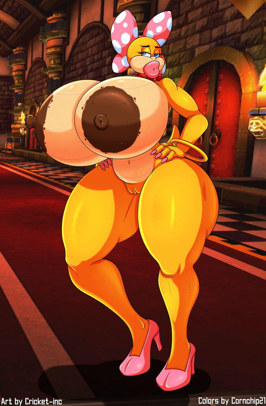 anthro areola bedroom_eyes big_areola big_breasts blue_eyes bow_ribbon bracelet breasts brown_areola brown_nipples clothing cornchip21 cricket-inc female footwear gem genitals hand_on_hip hi_res high_heels huge_breasts huge_thighs hyper hyper_breasts jewelry koopa koopaling lips mario_bros narrowed_eyes navel necklace nintendo nipples non-mammal_breasts pearl_(gem) pearl_necklace pussy scalie seductive solo thick_lips thick_thighs wendy_o._koopa