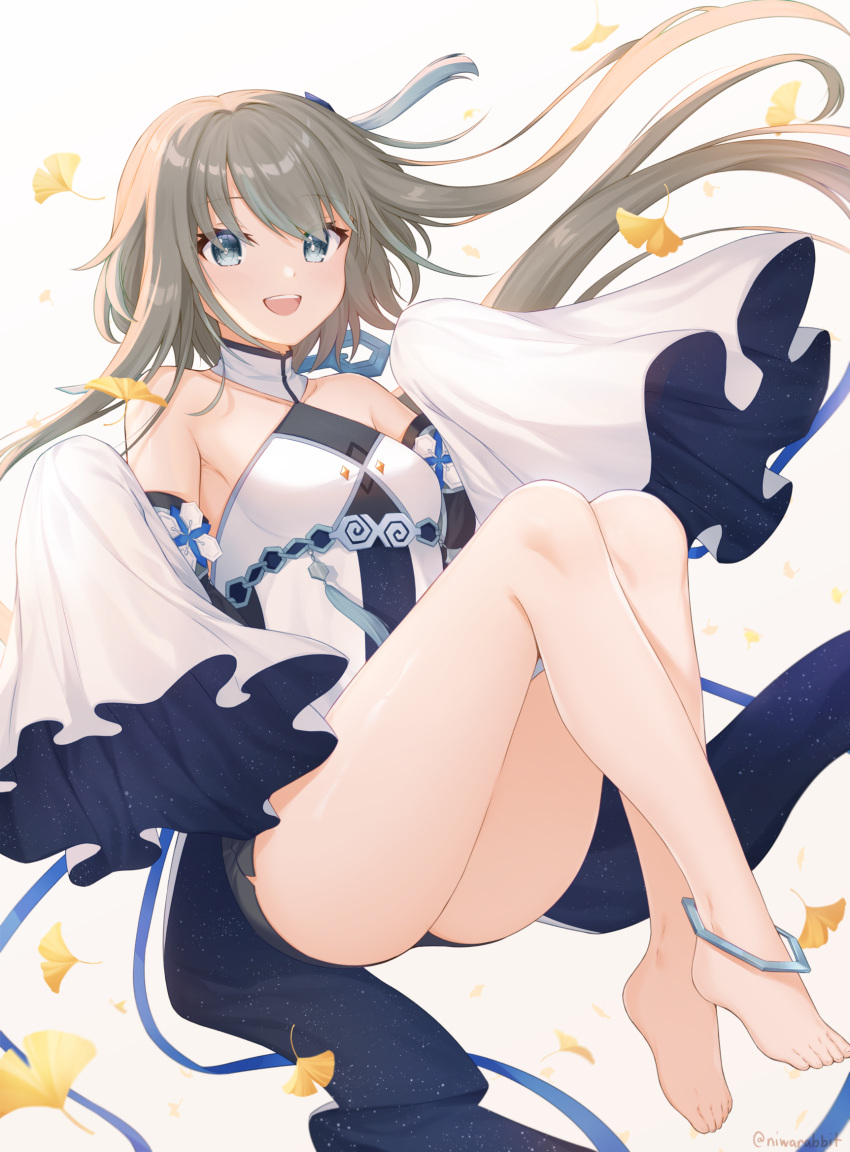 1girl :d anklet bare_legs bare_shoulders barefoot blue_eyes breasts bright_pupils chinese_clothes commentary crossed_ankles detached_sleeves dress falling_leaves feet floating_hair full_body genshin_impact ginkgo_leaf grey_hair guizhong_(genshin_impact) hair_ornament hands_up happy highres jewelry knees_up leaf legs long_hair long_sleeves niwarabbit open_mouth simple_background sleeveless sleeveless_dress sleeves_past_fingers sleeves_past_wrists small_breasts smile solo starry_sky_print tassel tassel_hair_ornament teeth thighs toes twitter_username two-sided_fabric upper_teeth_only white_background white_dress white_pupils white_sleeves wide_sleeves