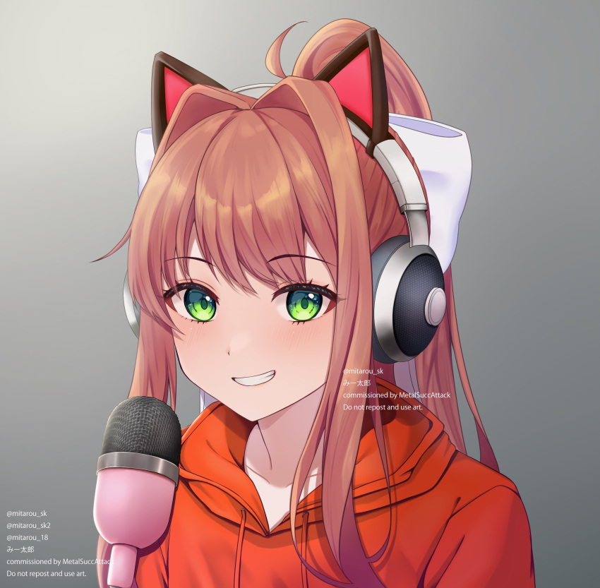 1girl absurdres alternate_costume animal_ear_headphones animal_ears brown_hair cat_ear_headphones collarbone commission cosplay doki_doki_literature_club fake_animal_ears gradient_background green_eyes grey_background hair_intakes headphones highres hood hoodie long_hair looking_at_viewer mi_tarou0412 microphone monika_(doki_doki_literature_club) orange_hoodie parted_lips pewdiepie pewdiepie_(cosplay) ponytail real_life solo teeth upper_body