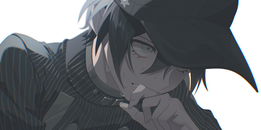 1boy biting black_hair black_headwear brown_eyes danganronpa_(series) danganronpa_v3:_killing_harmony finger_biting hair_between_eyes jacket liliy1191 male_focus portrait saihara_shuuichi short_hair simple_background solo striped striped_jacket sweat teeth white_background