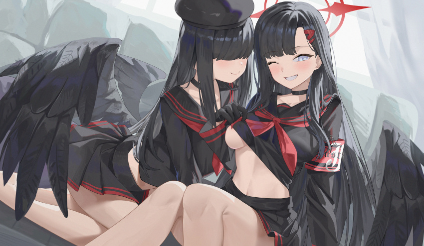 2girls absurdres akipopopopoon armband black_choker black_gloves black_hair black_serafuku black_shirt black_skirt black_wings blue_archive blue_eyes breasts choker closed_mouth clothes_lift gloves hair_ornament hair_over_eyes hairclip halo highres ichika_(blue_archive) justice_task_force_member_(blue_archive) lifted_by_self long_hair looking_at_viewer medium_breasts multiple_girls navel neckerchief one_eye_closed pleated_skirt red_armband red_halo red_neckerchief school_uniform serafuku shirt shirt_lift sitting skirt smile thighs underboob wings