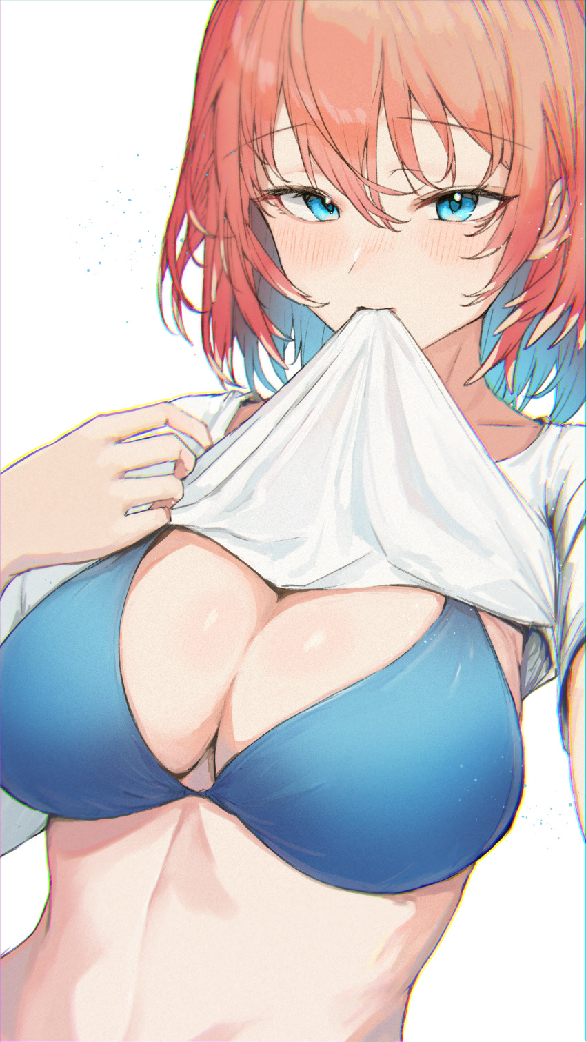 1girl absurdres bikini bikini_day blue_bikini blue_eyes blue_hair breasts cleavage clothes_in_mouth colored_inner_hair deho_toiimasu highres hololive large_breasts lifted_by_self mouth_hold multicolored_hair pink_hair shirt shirt_in_mouth short_hair solo swimsuit takane_lui virtual_youtuber white_shirt
