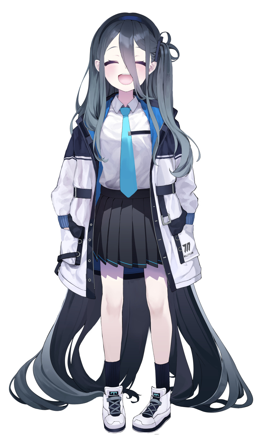 1girl absurdly_long_hair absurdres ansan_ey aris_(blue_archive) black_hair black_skirt black_socks blue_archive blue_eyes collared_shirt commentary english_commentary expressions full_body hair_between_eyes hands_in_pockets highres hood hooded_coat hooded_jacket jacket long_hair long_sleeves looking_at_viewer mixed-language_commentary multiple_views necktie one_side_up pleated_skirt pocket school_uniform shirt shoes sidelocks simple_background skirt sneakers socks standing translated very_long_hair white_background white_footwear