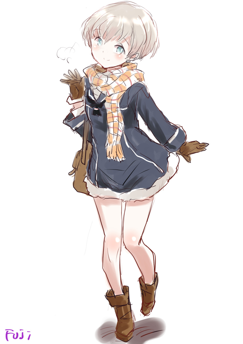 1girl adapted_costume artist_name bag black_neckerchief blue_dress blue_eyes blue_sailor_collar boots brown_footwear brown_gloves checkered_clothes checkered_scarf dress fuji_(pixiv24804665) full_body fur-trimmed_dress fur_trim gloves grey_hair highres kantai_collection neckerchief sailor_collar sailor_dress scarf short_hair shoulder_bag simple_background solo waving white_background z1_leberecht_maass_(kancolle)