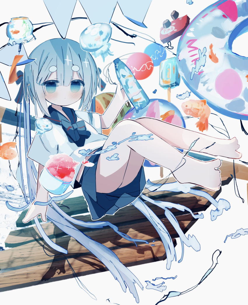 1girl bare_legs blue_bow blue_bowtie blue_eyes blue_hair blue_sailor_collar blue_skirt bottle bottle_miku bow bowtie commentary dot_mouth fish goldfish hatsune_miku highres hikimayu holding holding_bottle ice_cream_bar innertube jellyfish liquid_hair long_hair looking_at_viewer miniskirt object_request pleated_skirt raft sailor_collar school_uniform serafuku shadow shirt short_sleeves sitting skirt solo syare_0603 transparent_innertube twintails very_long_hair vocaloid white_background white_shirt wind_chime