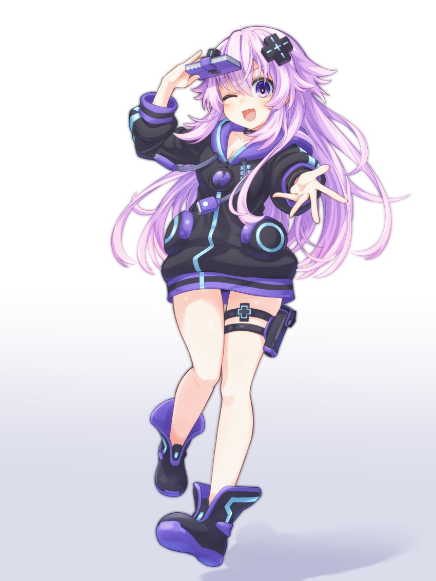 1girl absurdres adult_neptune black_choker black_jacket blush boots breasts choker cleavage d-pad d-pad_hair_ornament hair_between_eyes hair_ornament highres jacket long_hair long_sleeves looking_at_viewer medium_breasts neptune_(series) one_eye_closed pink_hair purple_eyes shin_jigen_game_neptune_vii shionic_zm smile solo thigh_strap