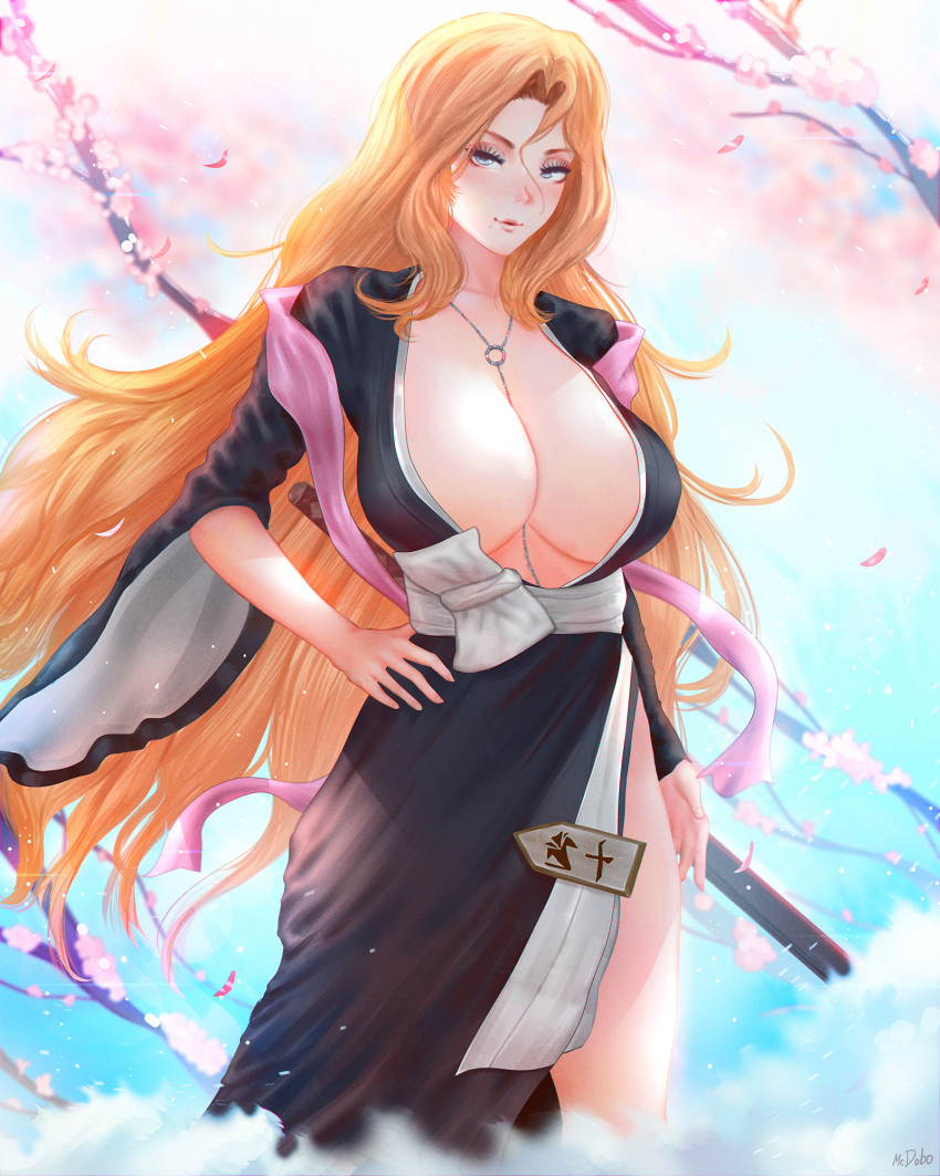 1girl artist_name badge between_breasts black_kimono bleach blue_eyes branch breasts cherry_blossoms eyelashes falling_petals fukutaichou_badge hair_between_eyes hand_on_hip highres japanese_clothes jewelry kimono large_breasts lips long_hair looking_at_viewer matsumoto_rangiku mcdobo mole mole_under_mouth necklace obi orange_hair petals pink_shawl sash shawl short_sleeves side_slit smile solo wide_sleeves