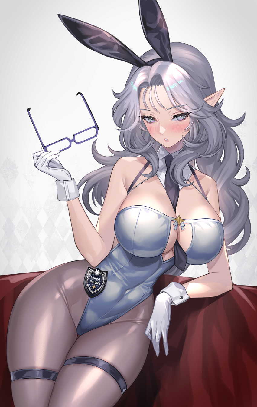 1girl :o animal_ears arm_support badge bare_shoulders between_breasts blush breasts cleavage cleavage_cutout clothing_cutout covered_navel detached_collar elf eyewear_removed fake_animal_ears glasses gloves highres hitowa looking_at_viewer necktie original pantyhose playboy_bunny pointy_ears rabbit_ears solo white_background white_gloves